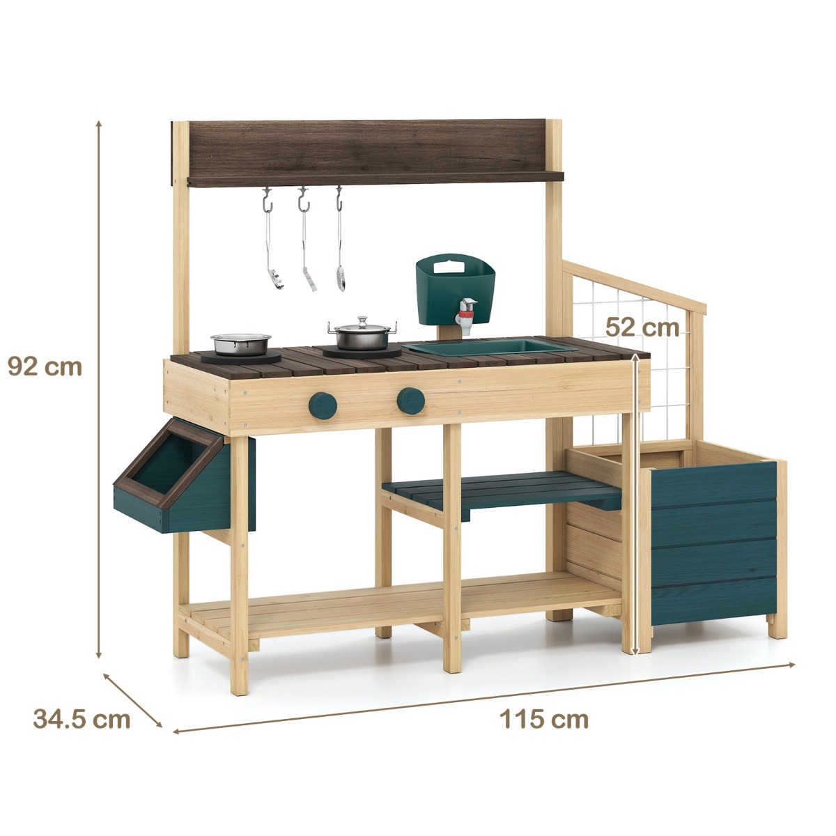 Puidust laste õueköök lillekasti, eemaldatava valamu, kraanikaussi, pliidiplaadi, veealuse ja riiulitega, 3-8-aastastele, roheline