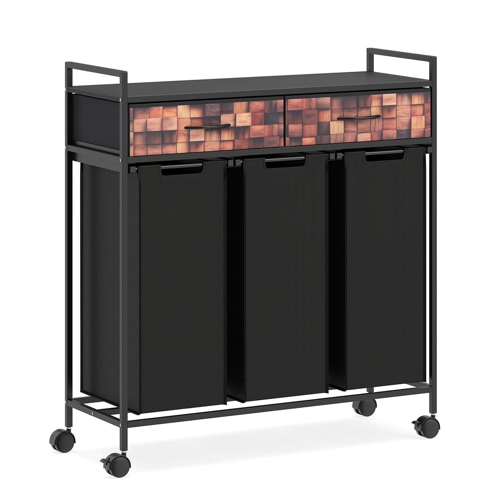 3-sektsiooniga pesukorv 135l, rull-sahtlitega, pesukotid vannituppa, elutuppa, must ja maalähedane pruun