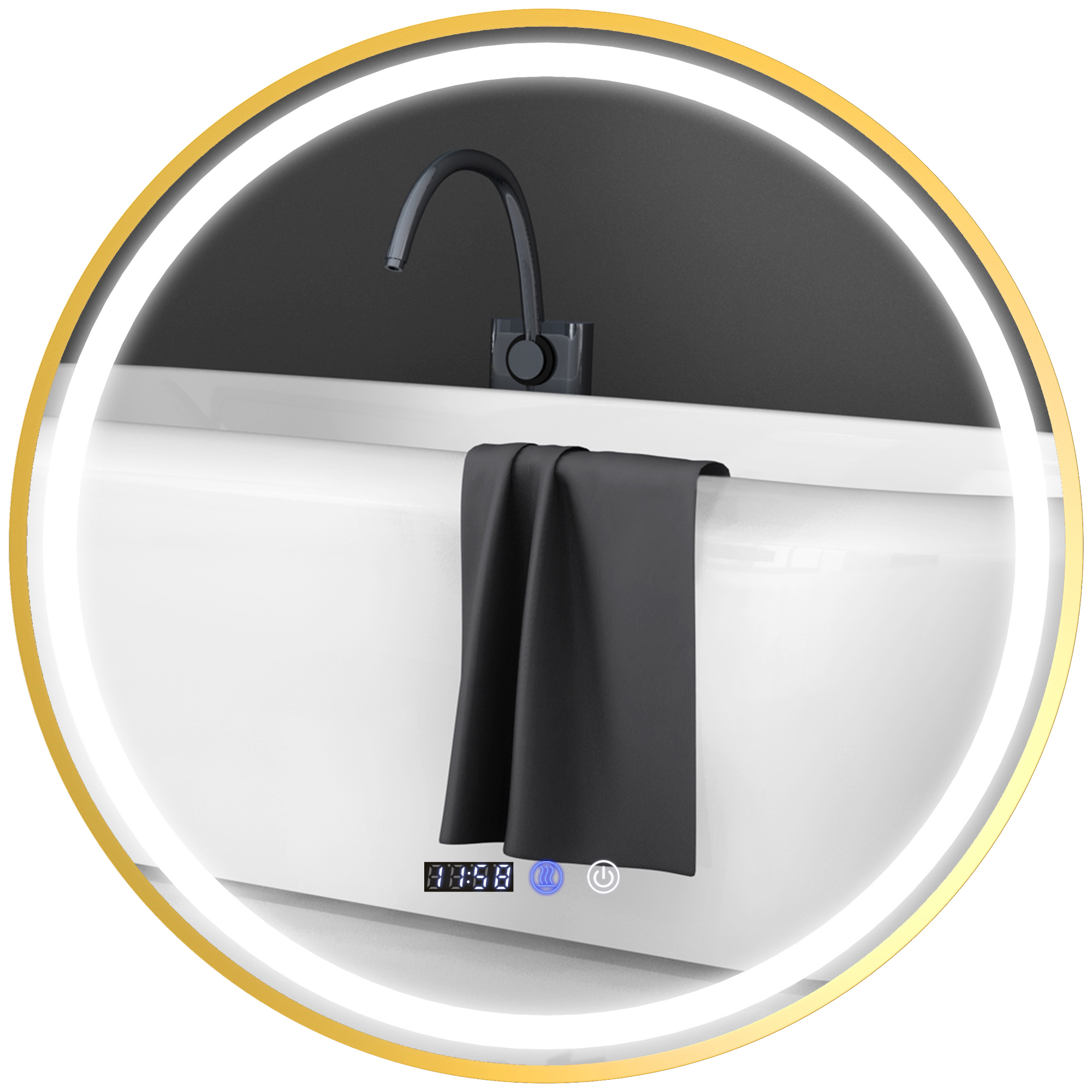 Ümmargune vannitoapeegel LED-tuledega, uduvastase funktsiooniga vannitoapeegel, puutetundlik juhtimine, ekraan