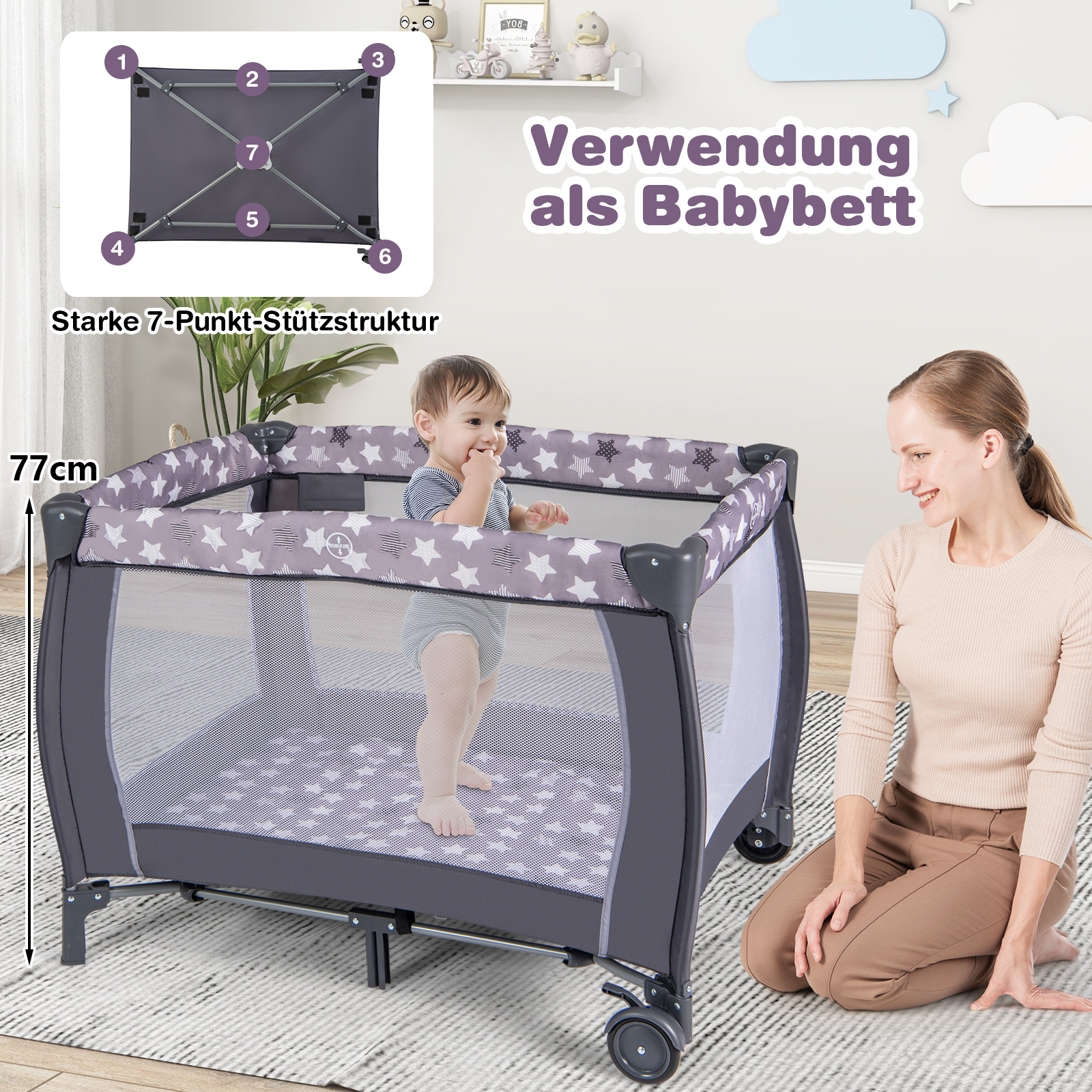 3-ühes kokkupandav lisavoodi reisivoodi madratsi rippmänguasja ja mängukellaga hall