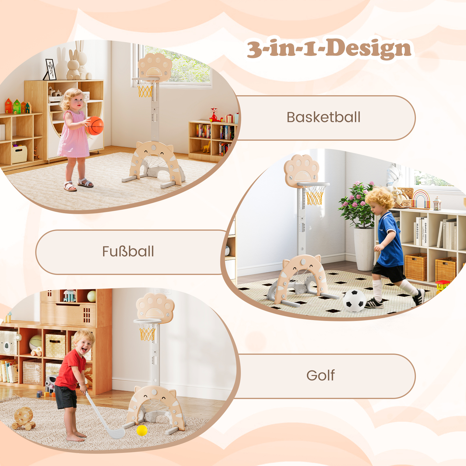 3-ühes laste korvpallikorv laste spordikeskus koos korvpalli- jalgpalli- ja golfimänguga hall mokka