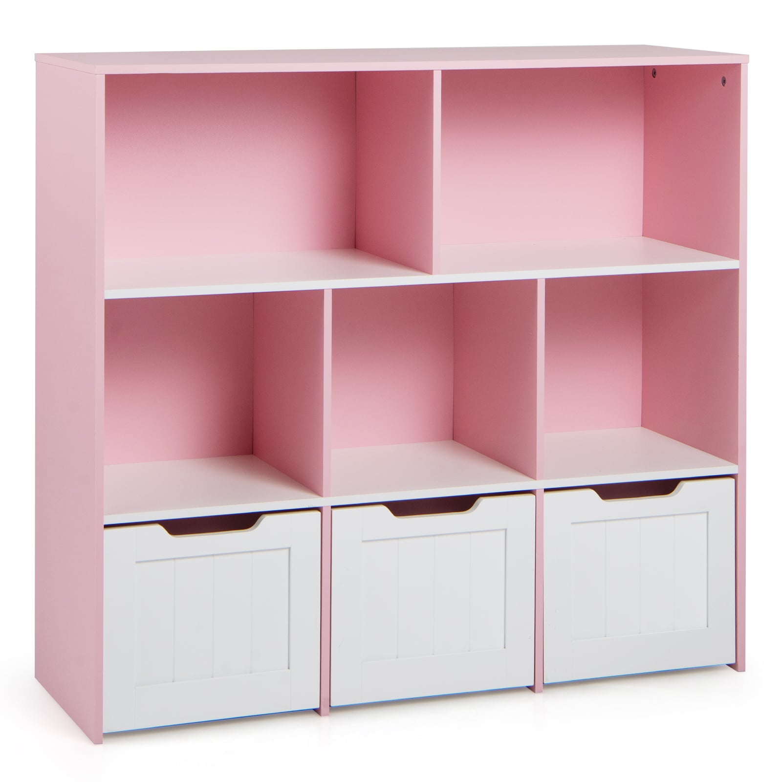 Laste raamaturiiul kastidega, 5 sektsiooni ja 3 sahtliga; ratastel raamaturiiul; laste riidekapp; roosa
