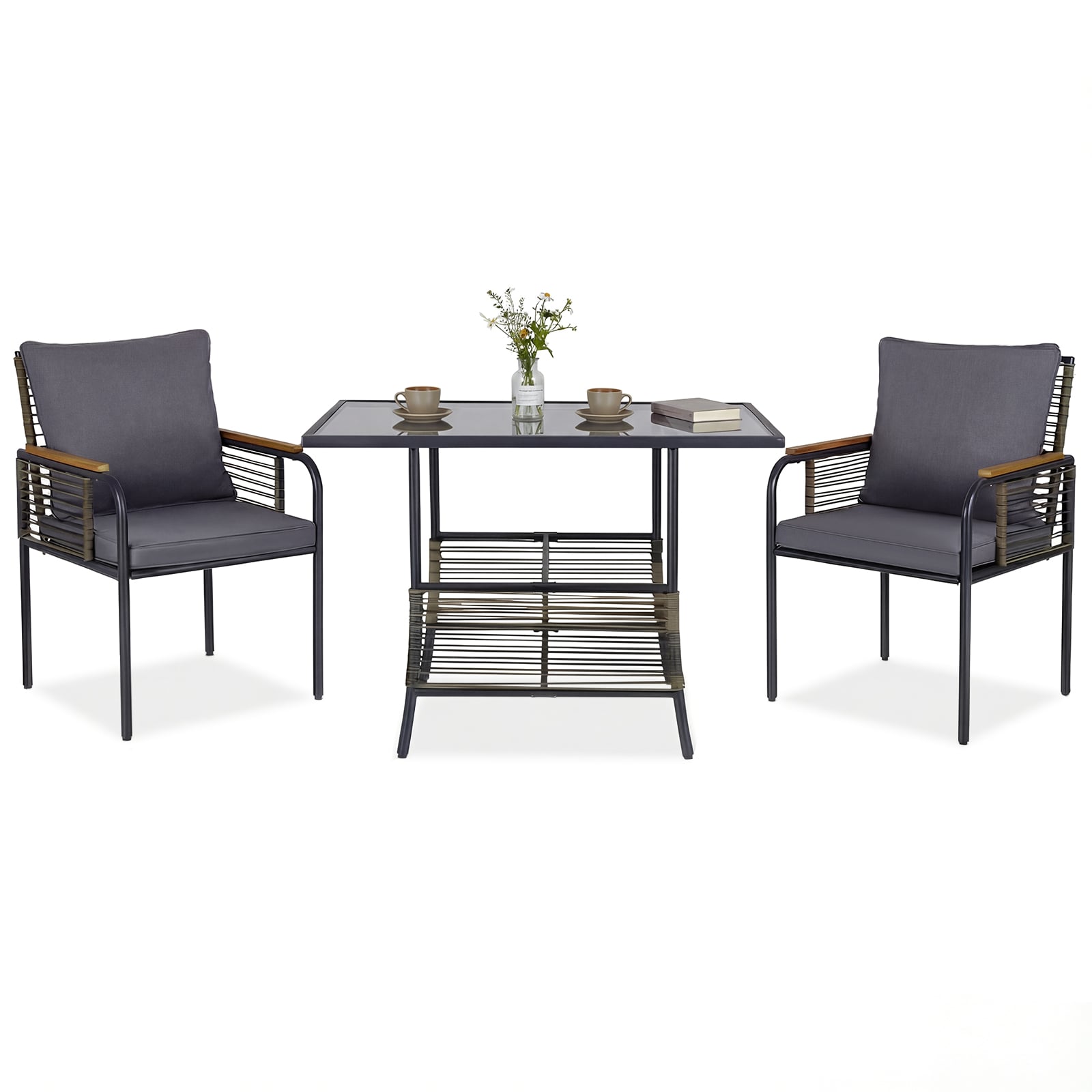 3-osaline rotangist aiasohvakomplekt, ruumisäästlik patjadega aia- ja söögikomplekt, ristkülikukujuline aialaud, hall