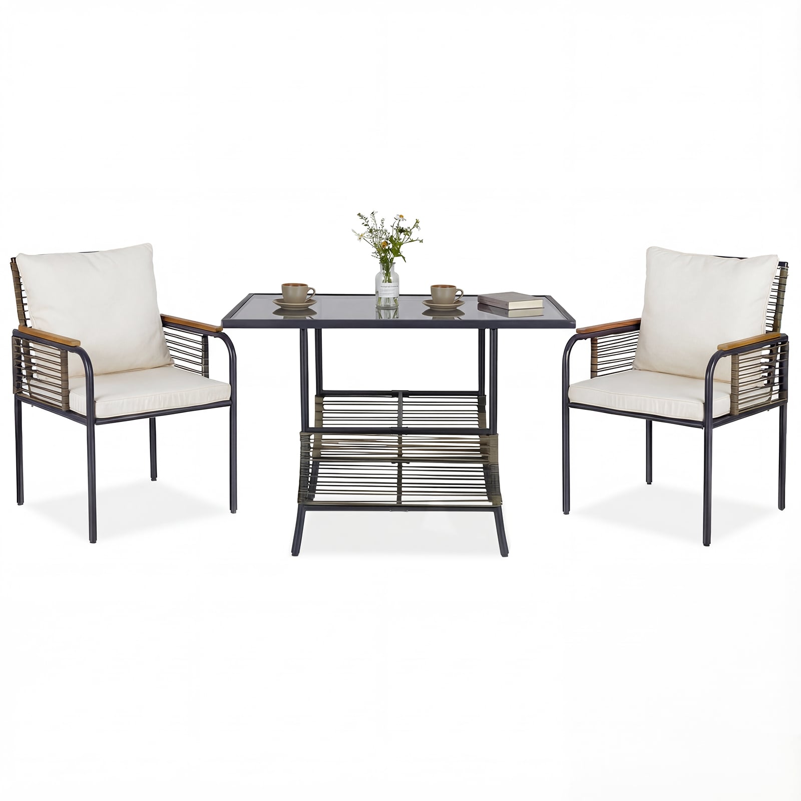 3-osaline rotangist aiasohvakomplekt, ruumisäästlik patjadega aiasöögikomplekt, ristkülikukujuline aialaud, valge