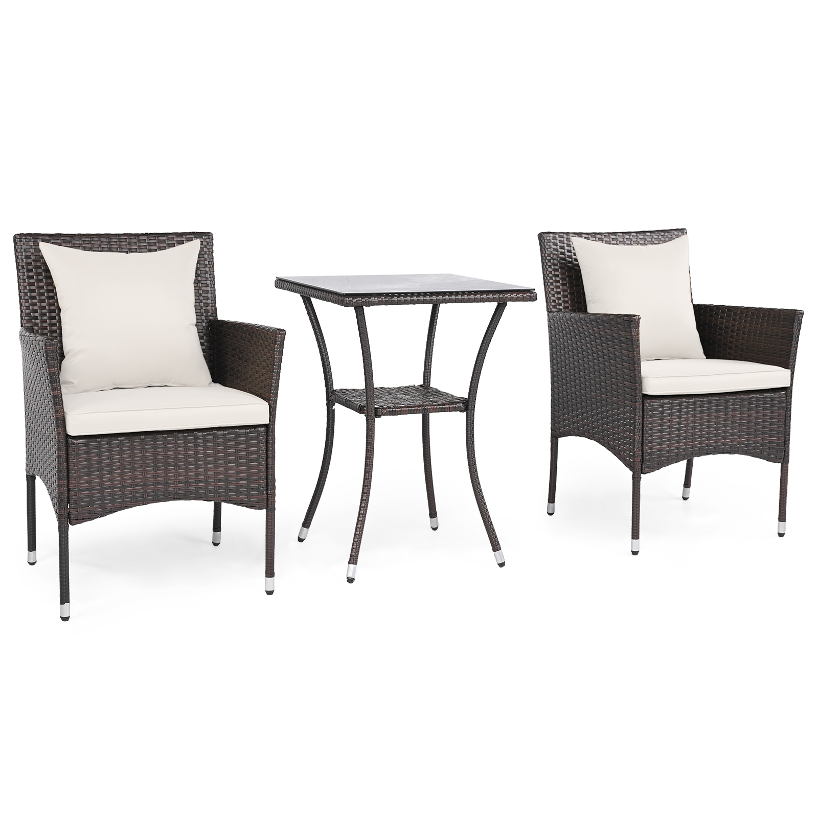 3-osaline aiamööbli komplekt: 2 rotangist tooli, klaasist laud, padjad, õue aeda, verandale, basseiniäärde, valkjas