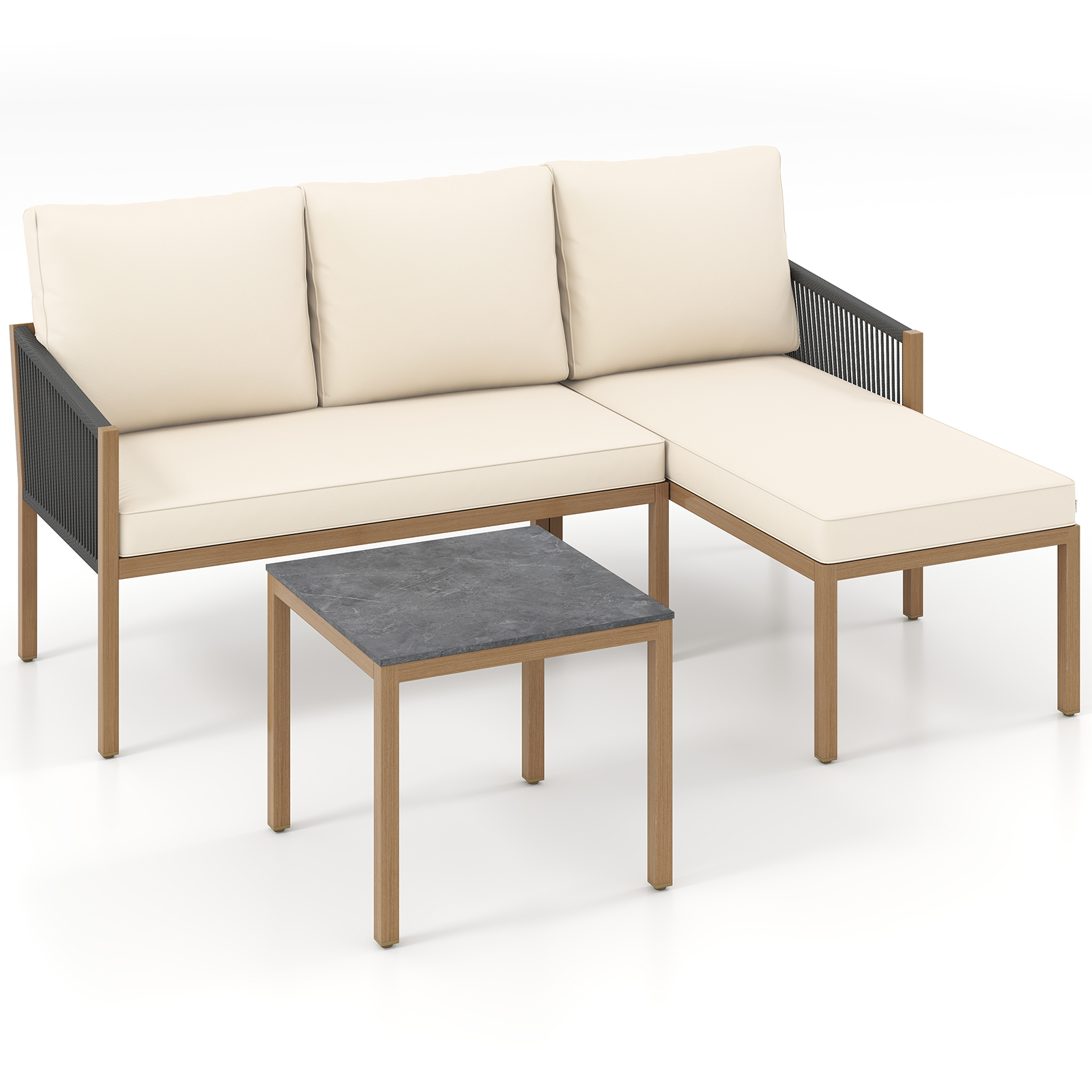 Aia diivanvoodi laua ja patjadega, 3-osaline istmekomplekt, aiamööbel, aia istmekomplekt