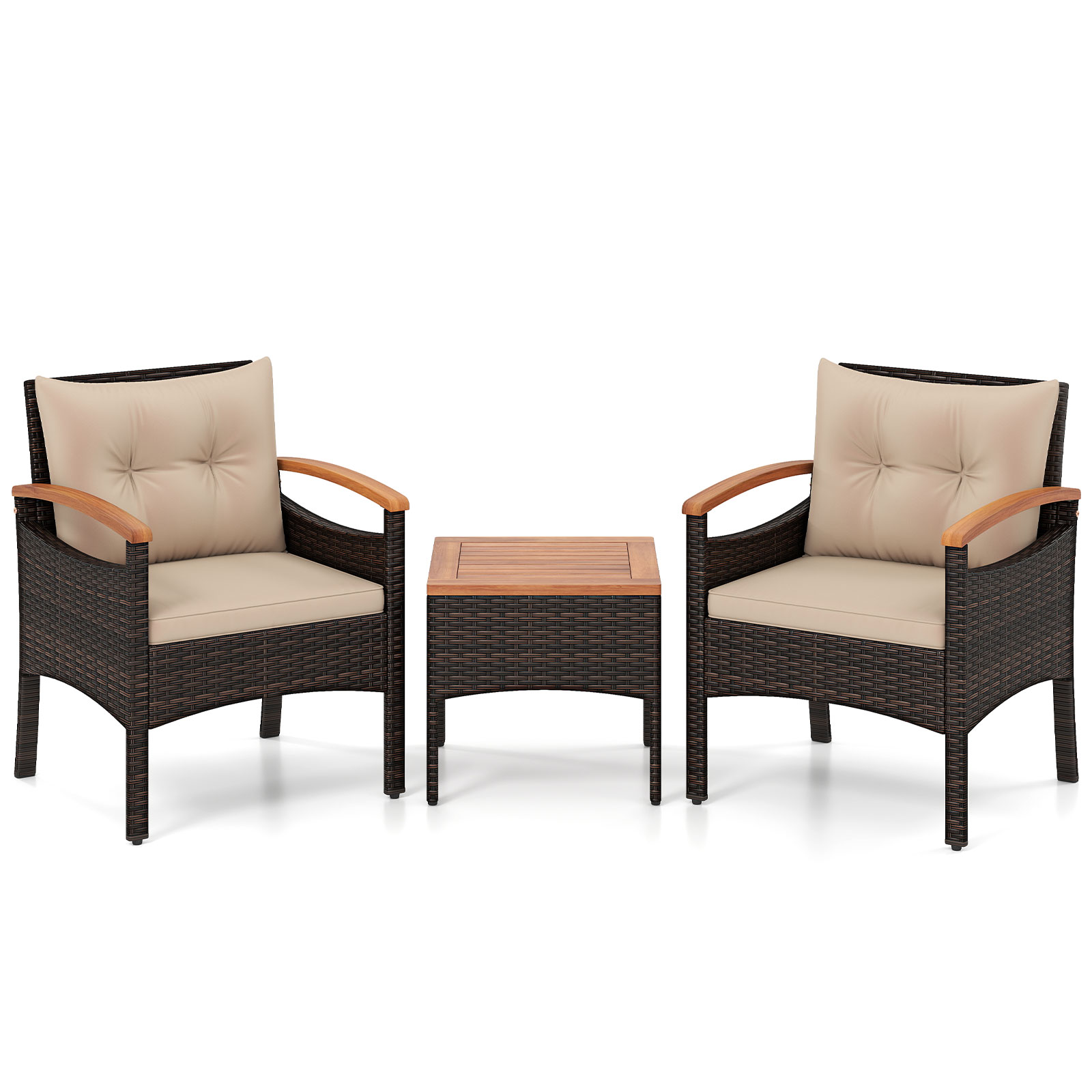 3-osaline rotangist istmekomplekt 2 tugitooli ja 1 abilauaga, istmekomplekt akaatsiapuidust lauaplaadi ja istmepatjadega, pruun