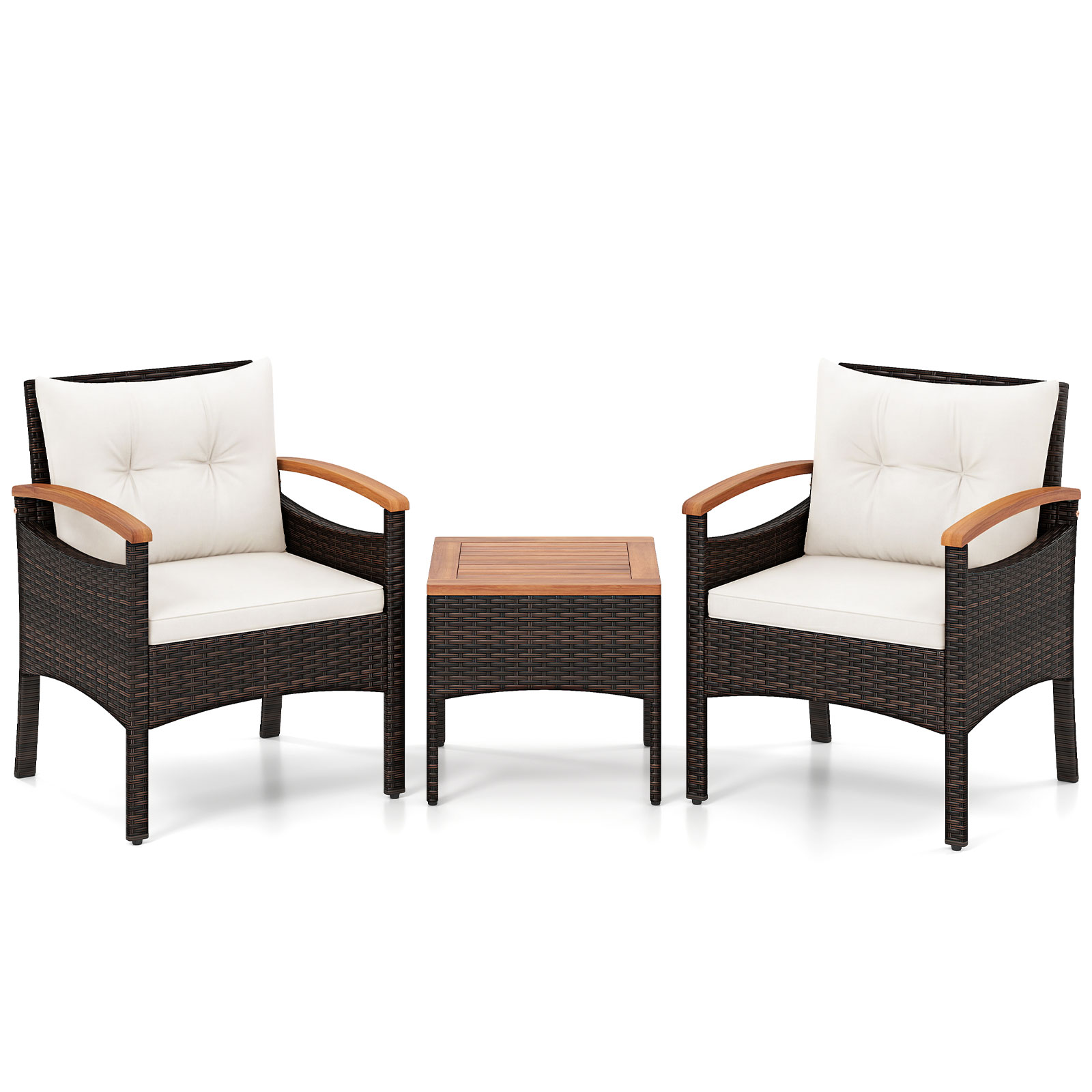 3-osaline rotangist istmekomplekt 2 tugitooli ja 1 abilauaga, istmekomplekt akaatsiapuidust lauaplaadi ja istmepatjadega, beež