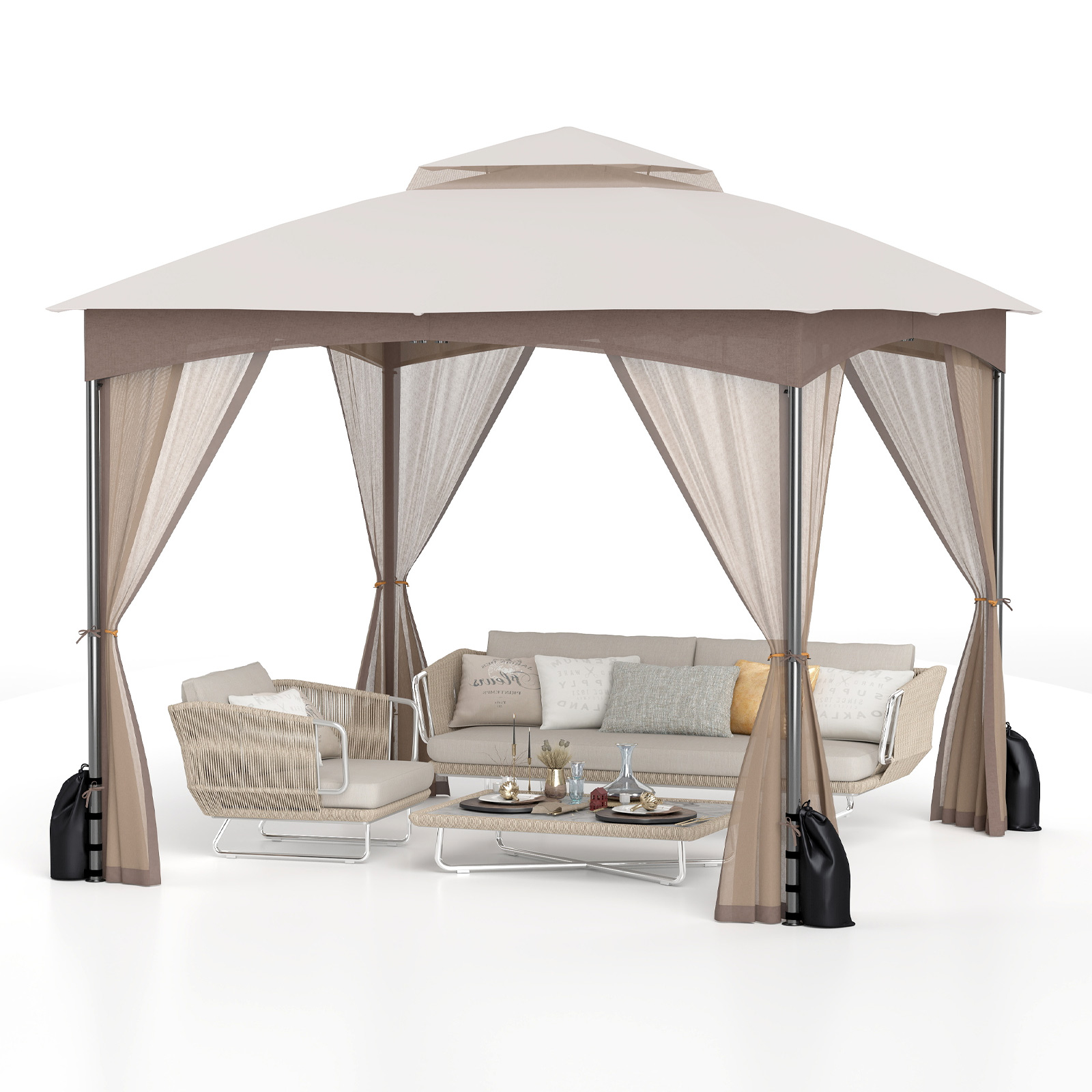 3 x 3 m paviljon koos sääsevõrgu ja 4 liivakotiga kahekordse katusega veekindel aiamajake khaki