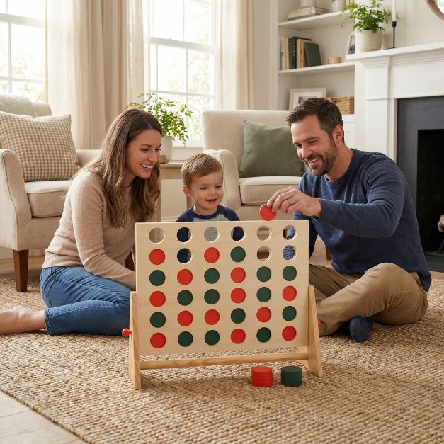 Neli ritta (Connect 4) klassikaline lauamäng 42 nupu ja mändpuidust raamiga, naturaalne