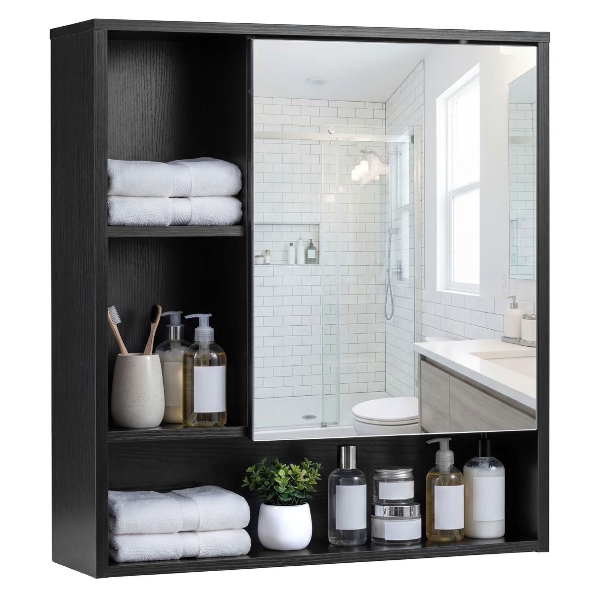 Peegelkapp peegeluku ja 3 avatud riiuliga, seinale kinnitatav, must