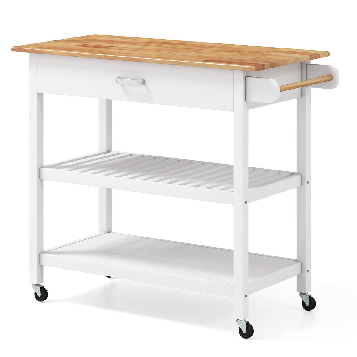 Mobiilne köögisaar tööpinna ja sahtliga köögikäru 3-korruseline köögiriiul valge