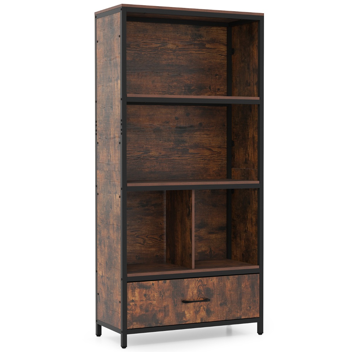 4-korruseline raamaturiiul avatud sektsioonide ja kangaga sahtliga, eraldiseisev raamaturiiul, pruun