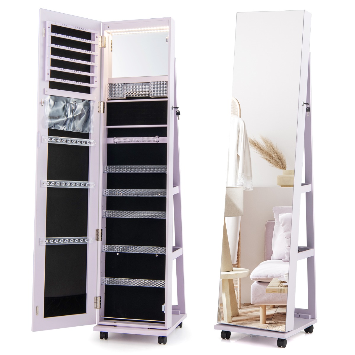 Lukustatav ehete kapp integreeritud meigipeegli reguleeritavate riiulite ja hoiuruumiga lilla