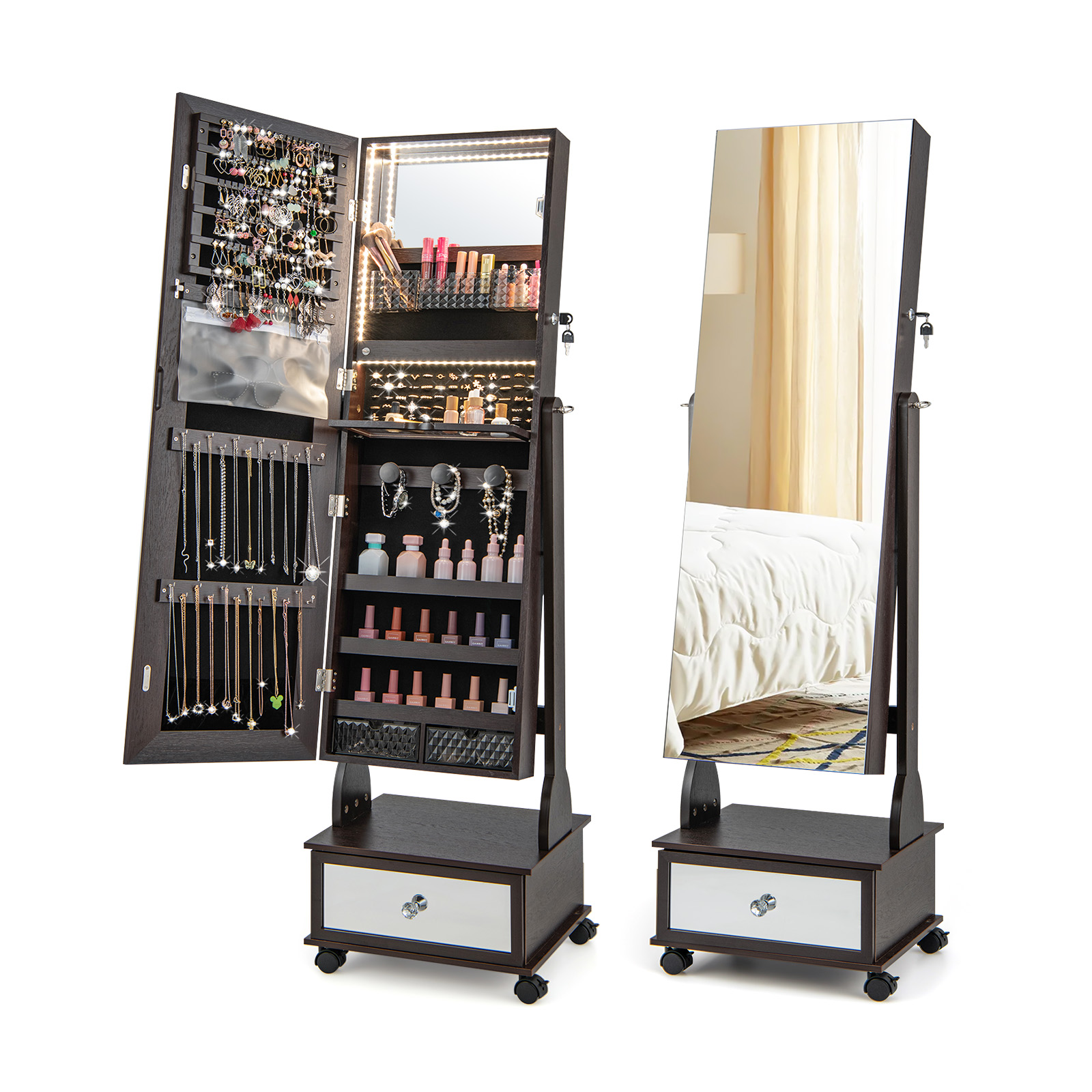 47" lukustatav juveelikapp LED-valgusega pruun