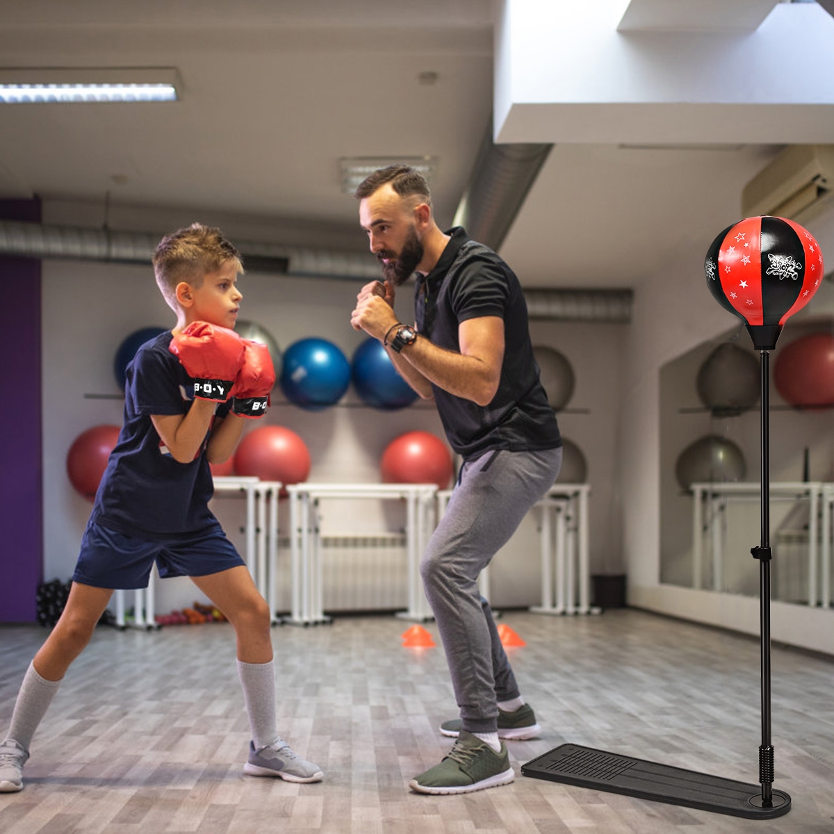 Reguleeritava kõrgusega (85–130 cm) laste poksipall, komplektis pump ja poksikindad