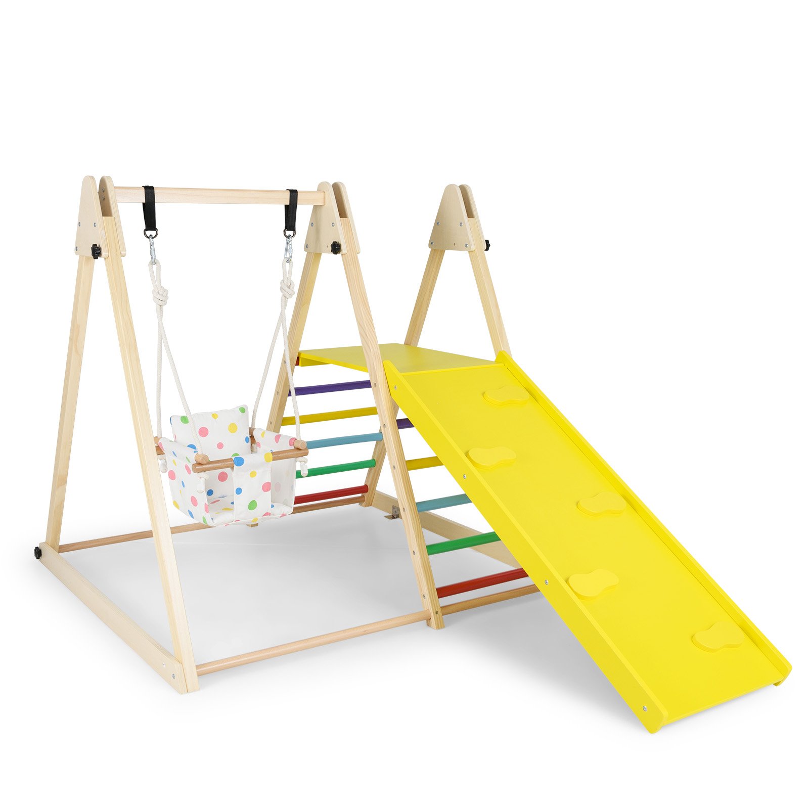 Neli-ühes Montessori puidust ronimiskomplekt: beebikiik, puhkeplatvorm, ronimisramp ja redel, arendav mänguväljak, värviline
