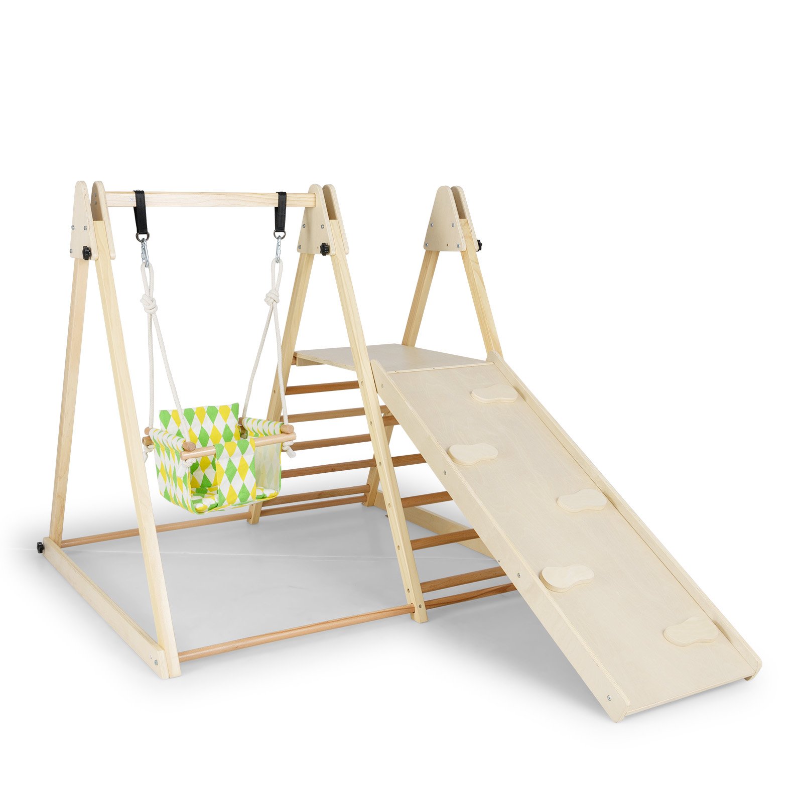 Neli-ühes Montessori puidust ronimiskomplekt: beebikiik, puhkeplatvorm, ronimisramp ja redel, arendav mänguväljak, naturaalne