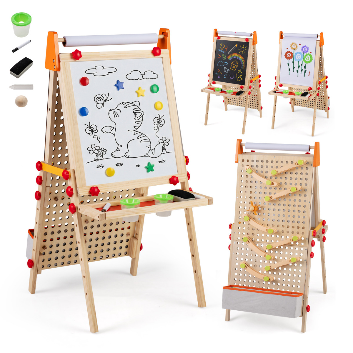 4-ühes puidust laste kunstimolbert, kahepoolne, kokkupandav, paberirulli ja hoiualusega