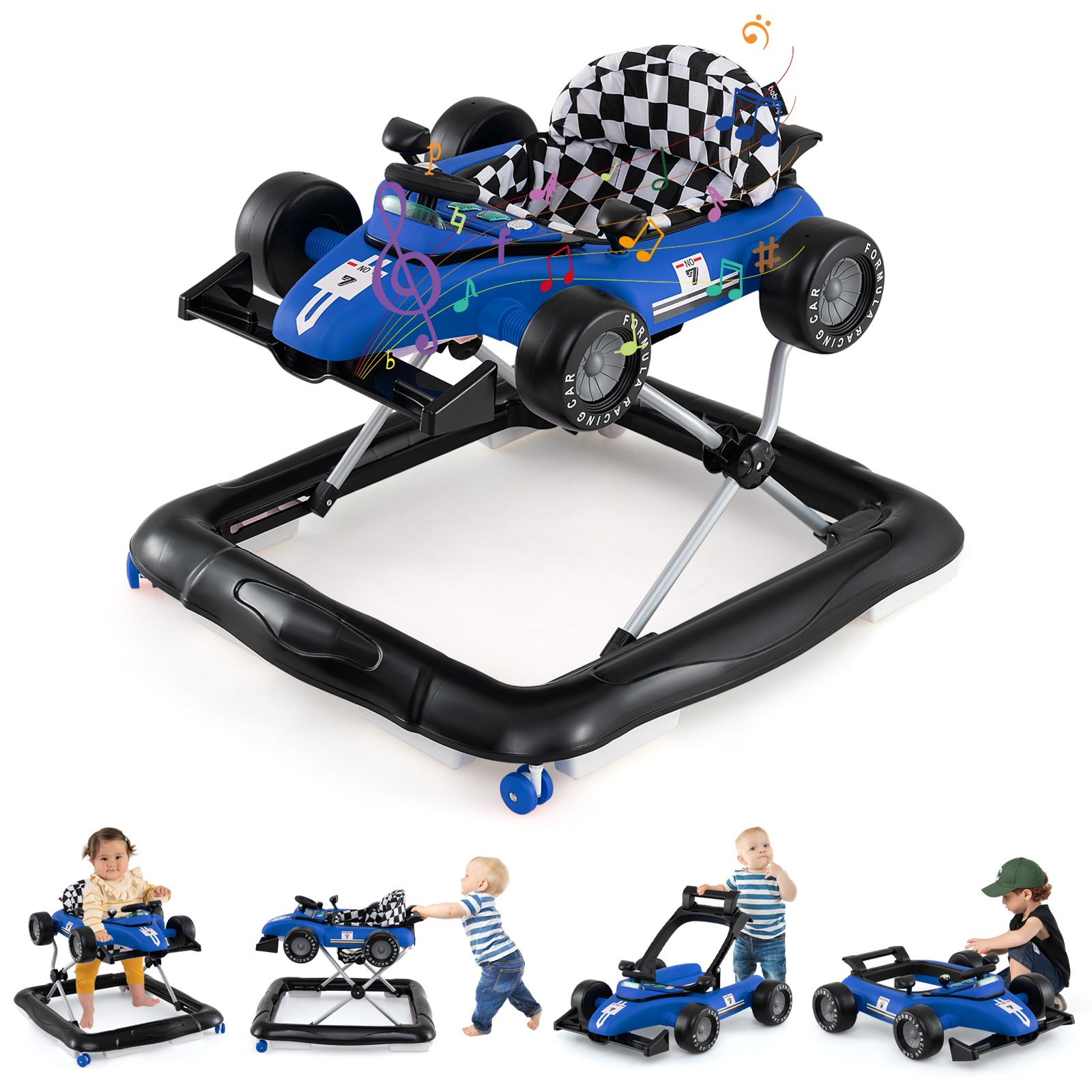 4-ühes-käimistugi kõndimisabi 3-astmelise reguleeritava kõrgusega polsterdatud istme rooli ja mängukellaga sinine