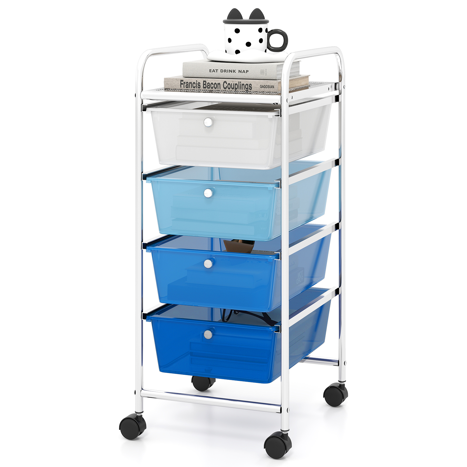 4-sahtliga ratastel liikuv hoiukäru millel on 4 eemaldatavat plastsahtlit ja stabiilne metallraam sinine