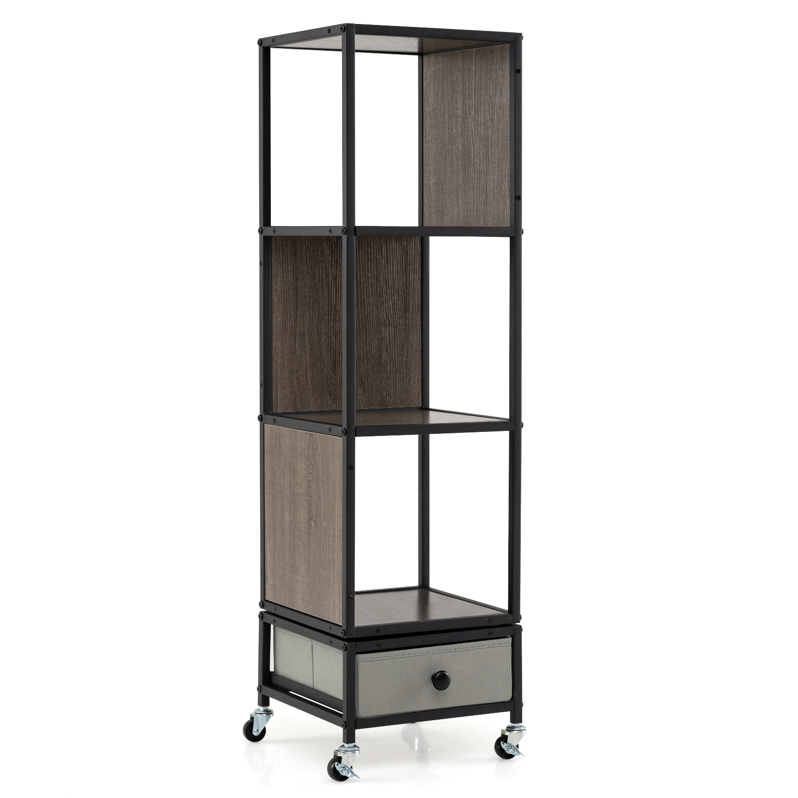 4-korruseline eraldiseisev raamaturiiul ratastel, puidust pealse ja kangast sahtliga, hall