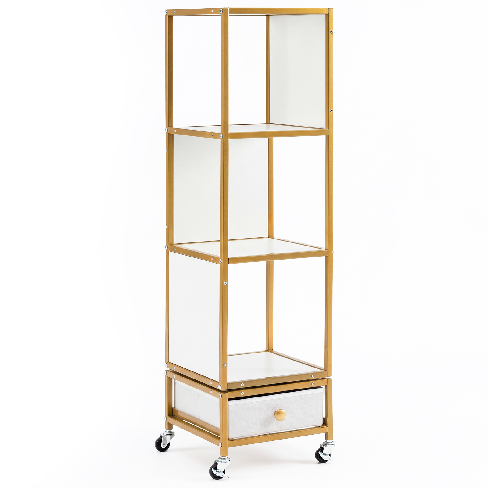 4-astmeline ratastel riiul, puidust pealse ja riidest sahtliga raamaturiiul, raamatukäru, valge