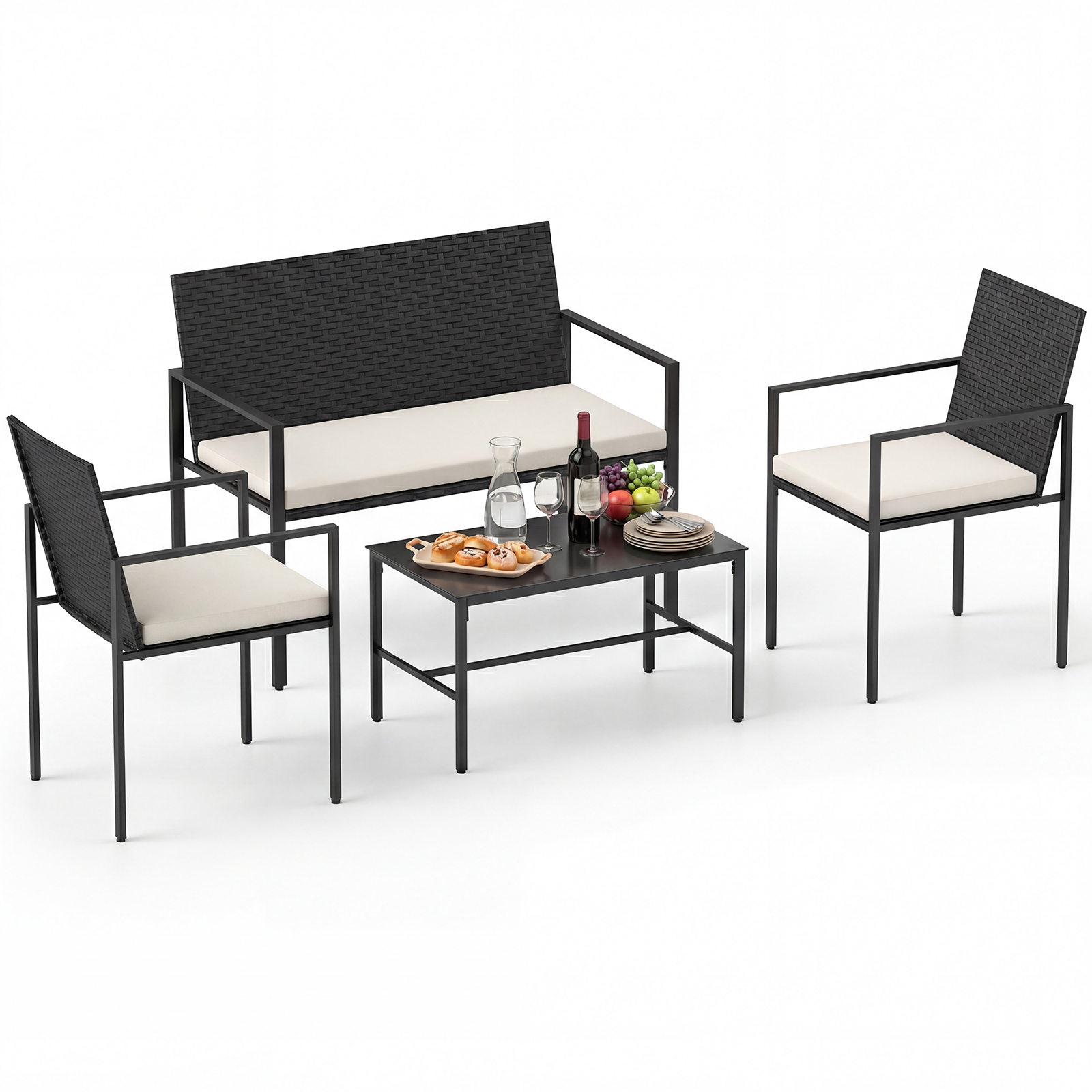 4-osaline aiamööblikomplekt, rotangist toolid ja diivan karastatud klaasist kohvilauaga, beež