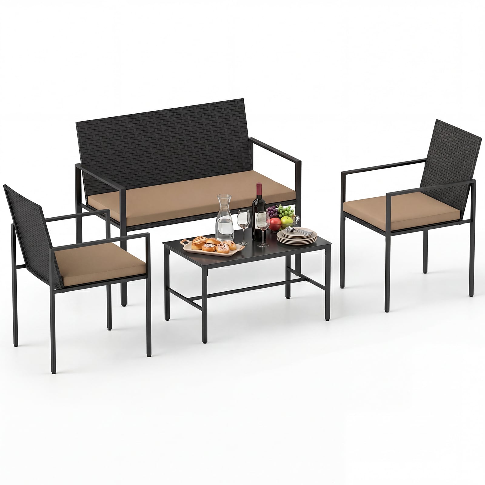 4-osaline aiamööblikomplekt, rotangist toolid ja diivan karastatud klaasist kohvilauaga, pruun
