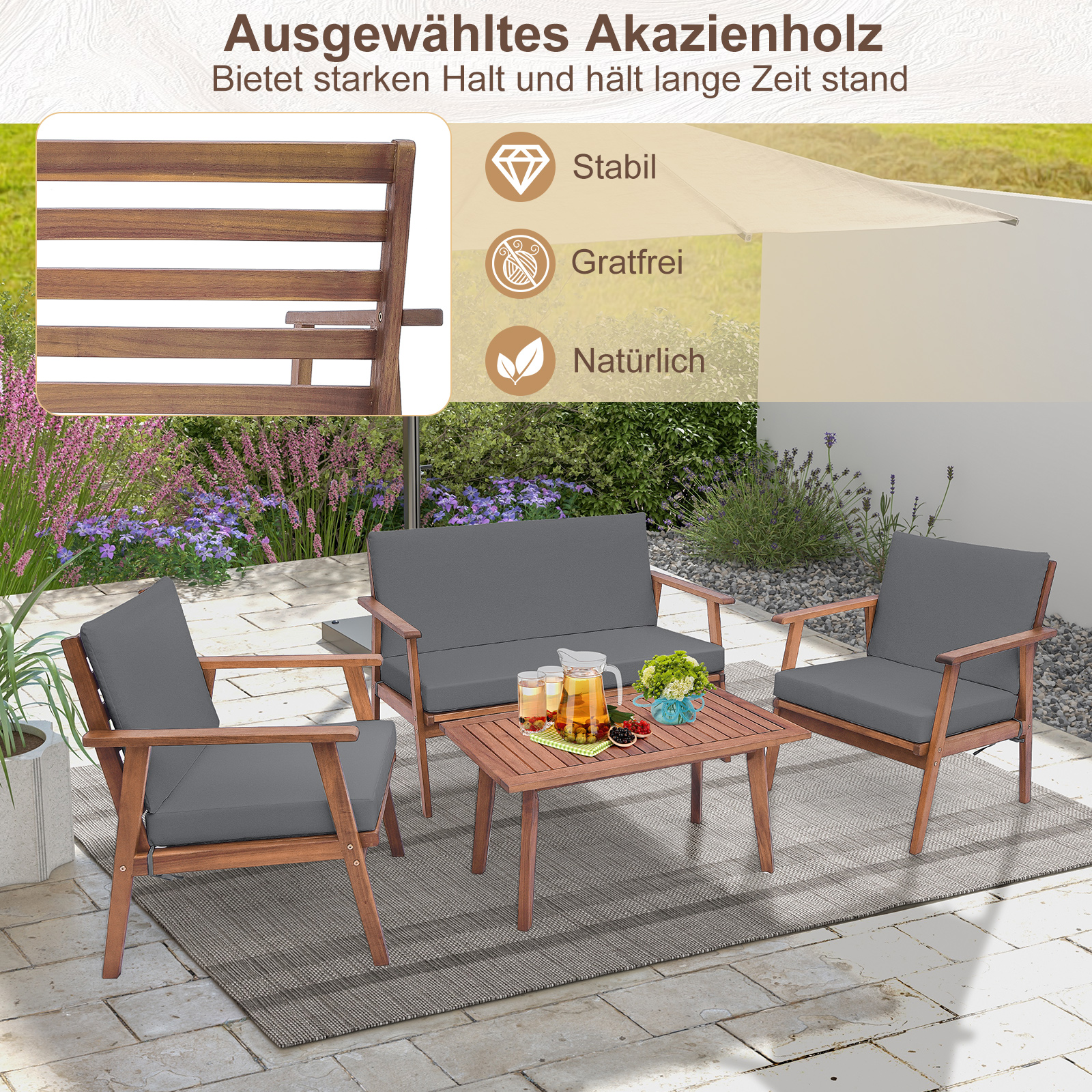 4-osaline aiamööbli komplekt rõdumööbel akaatsiapuidust terrassimööbel istme- ja seljatoepatjadega hall