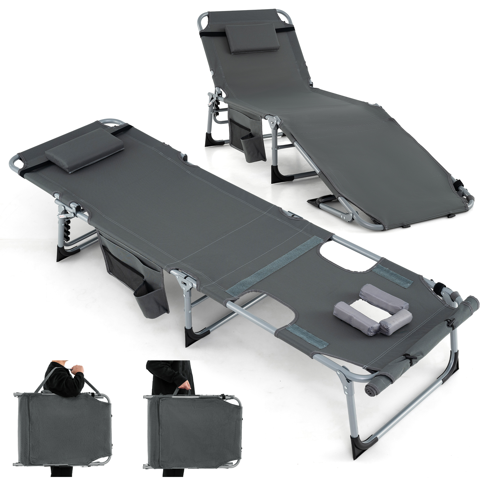 Päikesevoodi näoavaga reguleeritava seljatoega jalatoega kokkupandav aialaud hall