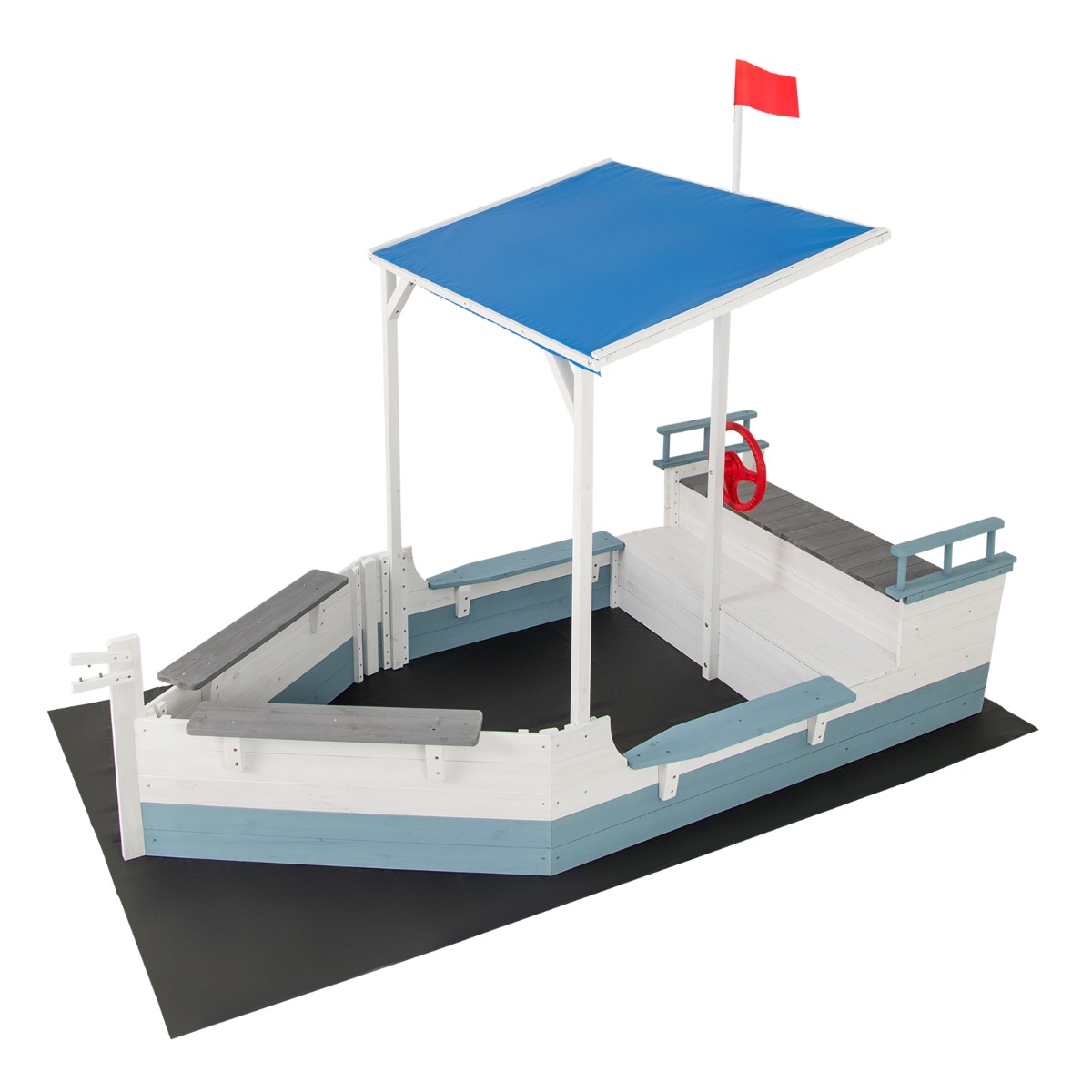 Puidust liivakast katusega piraadilaeva liivakast lipumasti rooli ja pingiga