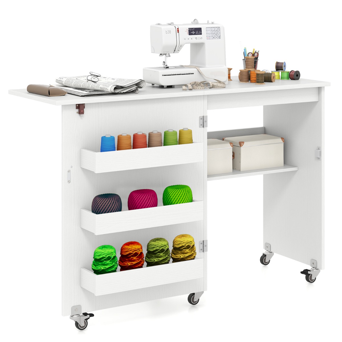 Kokkupandav õmbluslaud rulluv käsitööjaam hoiukohaga 3 peidetud mahutit liikuv õmbluslaud 1185 x 40 x 795 cm valge