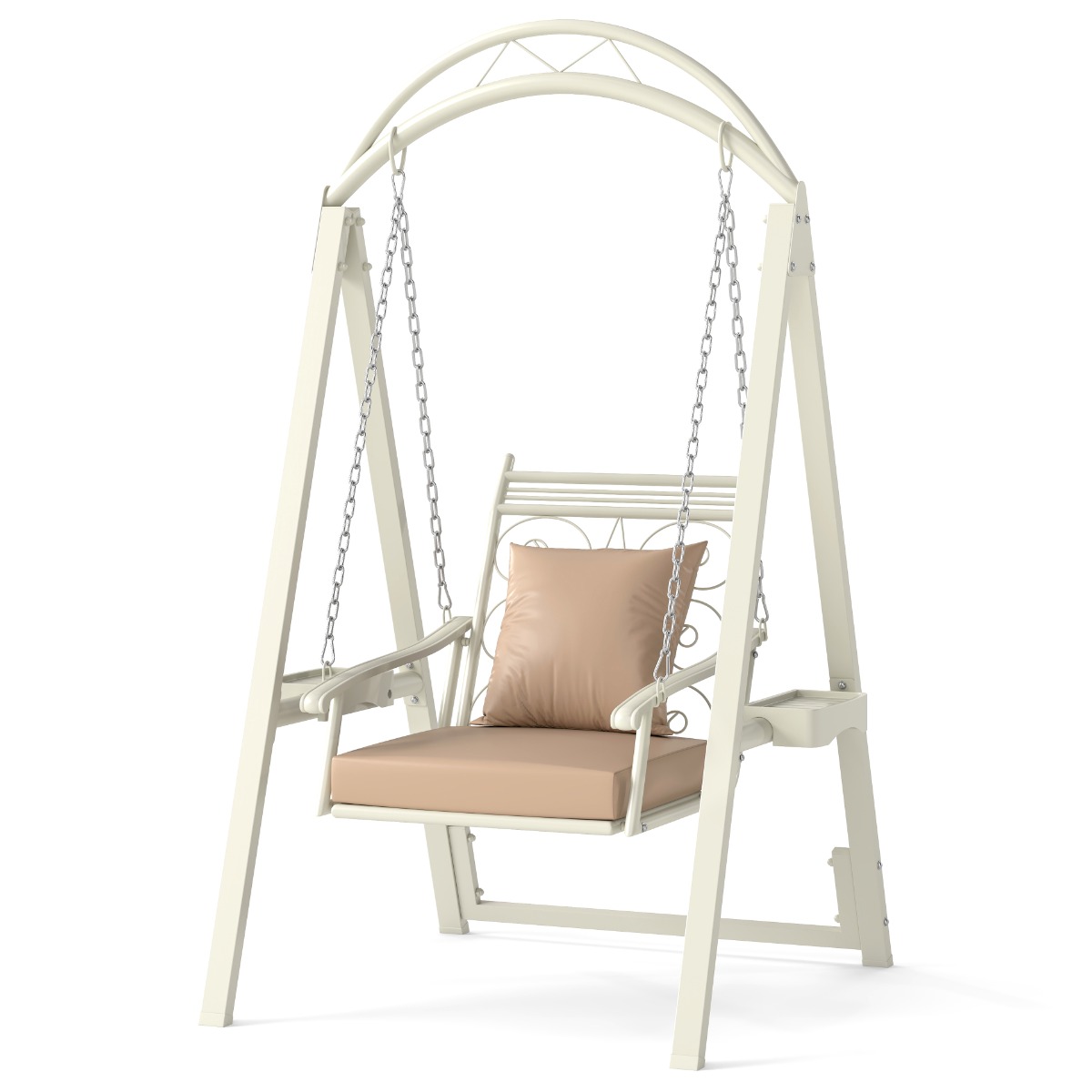 Õues kiik koos raamiga terrassikiik patjade ja külglaudadega aeda valge