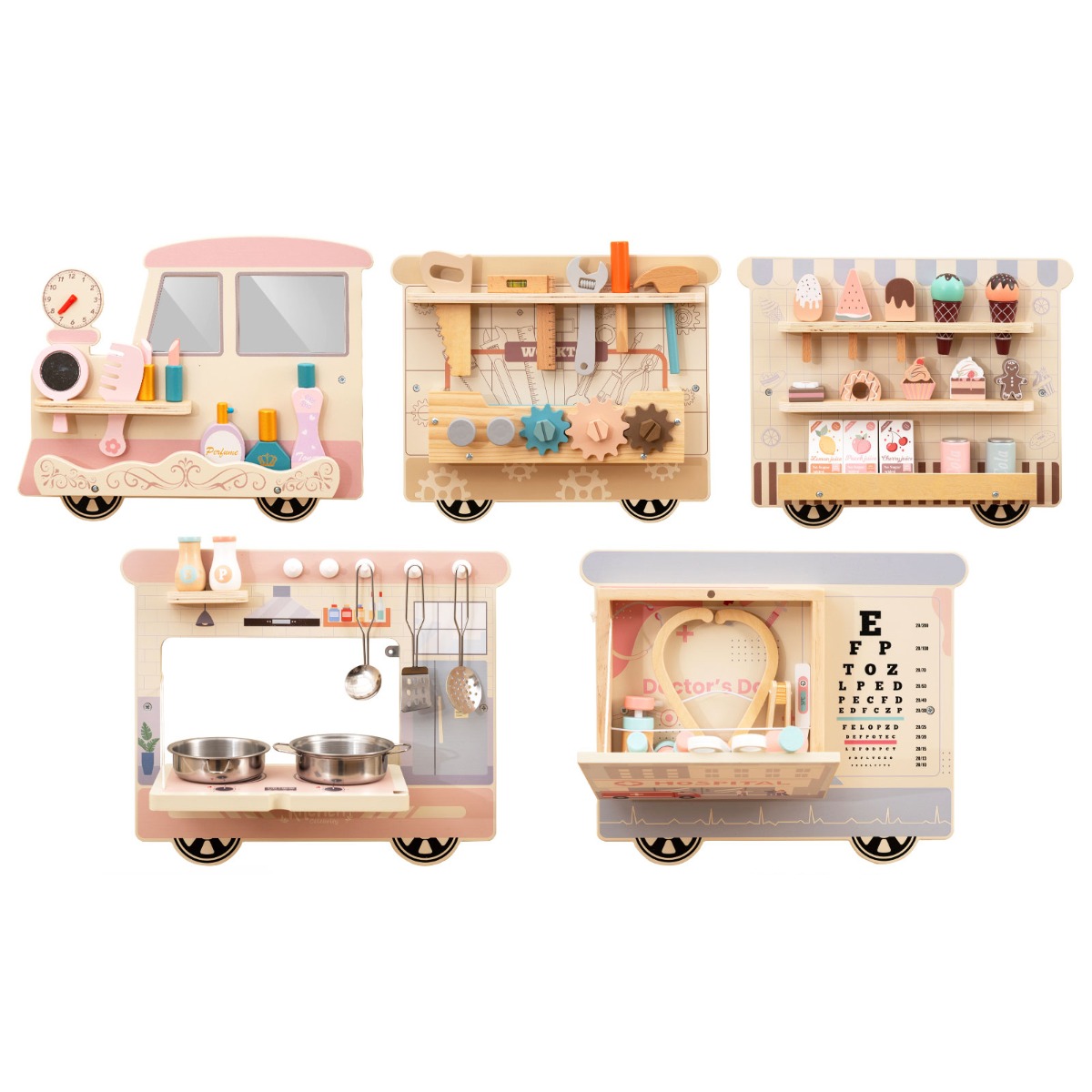 Rongikujuline tegevustahvel lastele. Seinale kinnitatav tegevustahvel kummuti, tööriistakasti ja mänguköögiga. Värviline.