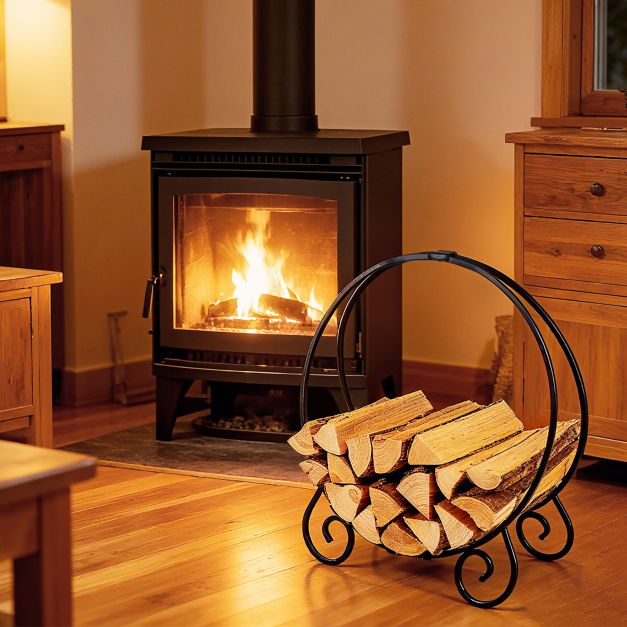 59 cm puualus, kokkupandav palgirõngas sise- ja välistingimustes kasutamiseks, ümmargune metallist küttepuude riiul, max koormus 270 kg, must