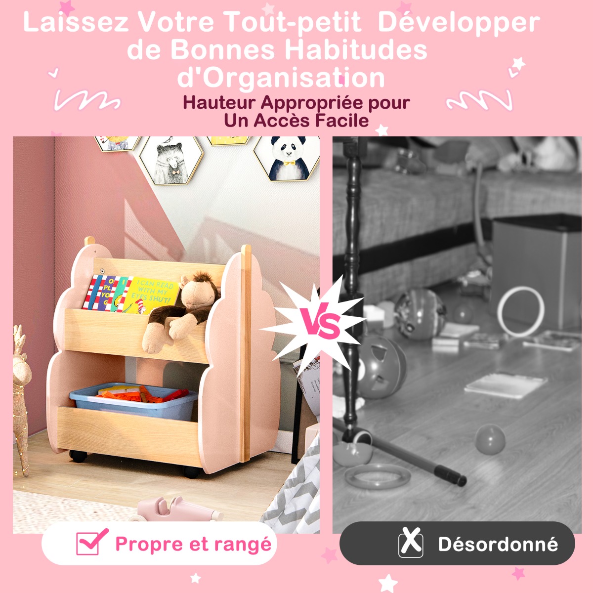 Laste puidust raamaturiiul/panipaik kahe astme ja universaalsete ratastega raamatutele ja mänguasjadele, max koormus 49 kg, roosa