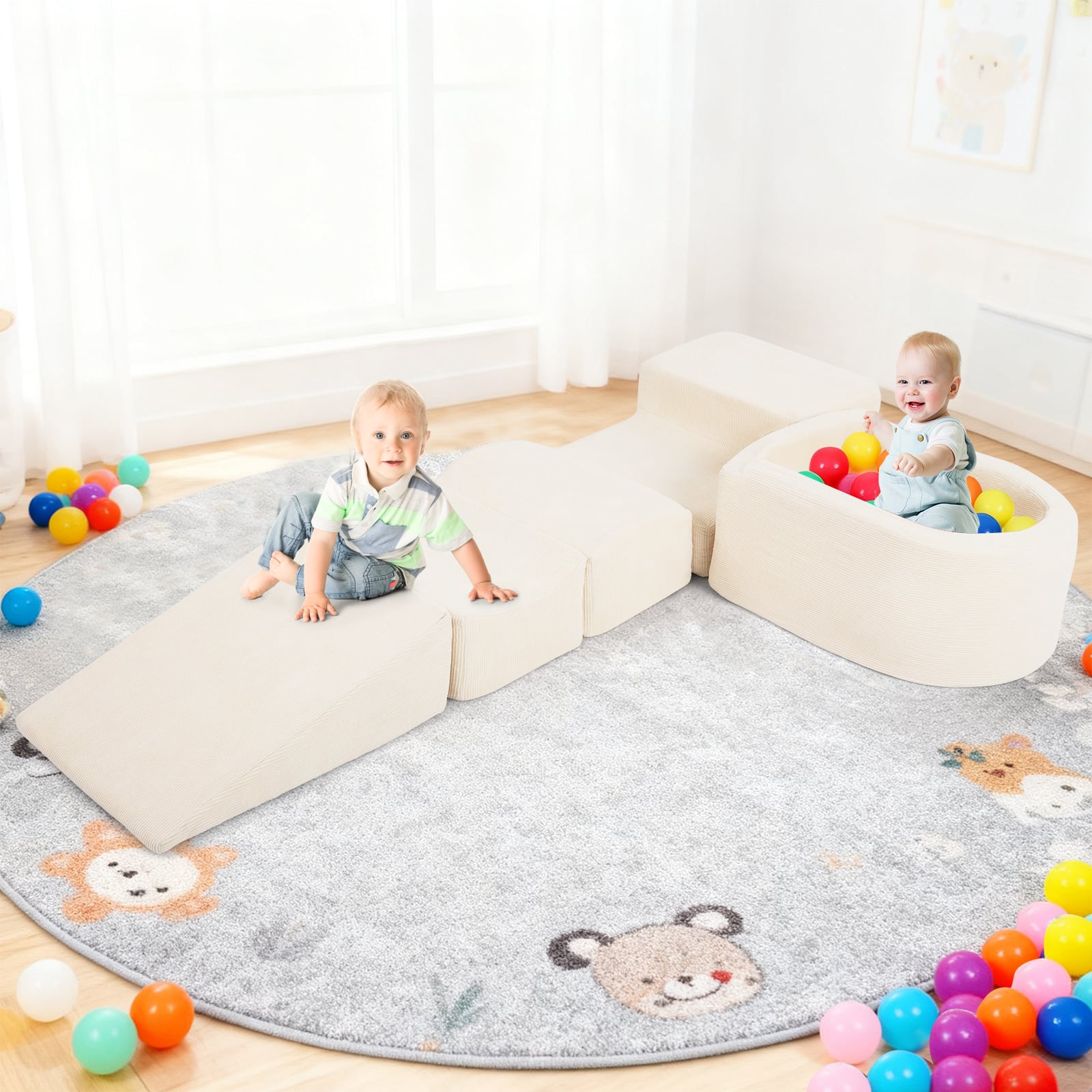 5 vahtplastist ehitusklotsi komplekt pallibasseini ja velvetist katetega, ronimisklotsid, mänguklotsid, beež