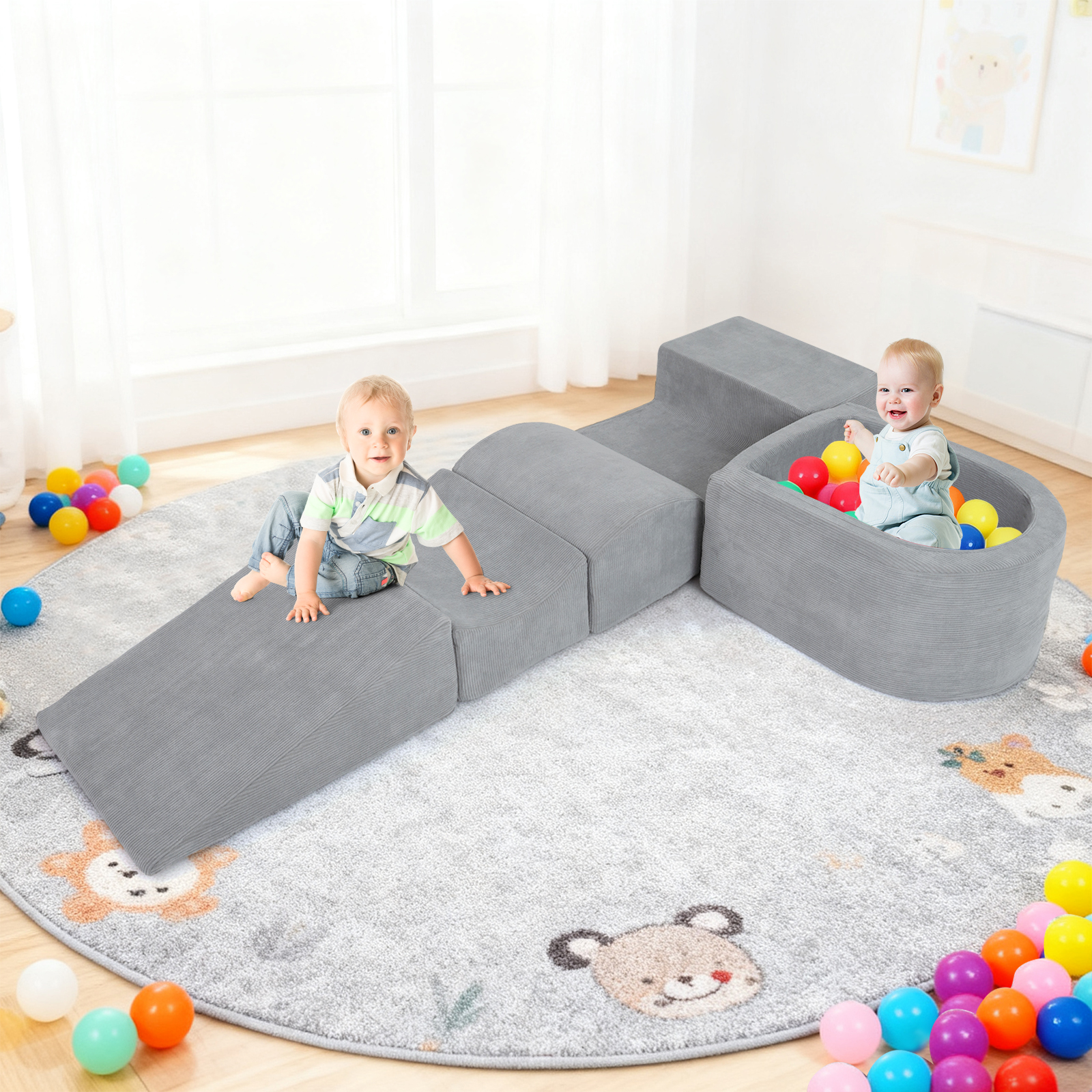 5-osaline vahust mänguklotside komplekt, pallimeri ja sametkattega, hall