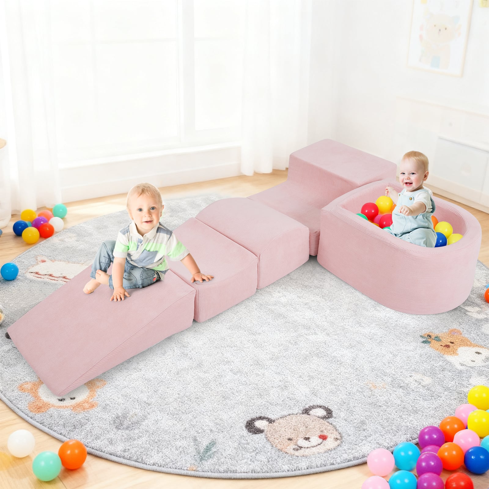 5 vahtplastist ehitusklotsi komplekt pallibasseini ja velvetist katetega, ronimisklotsid, mänguklotsid, roosa