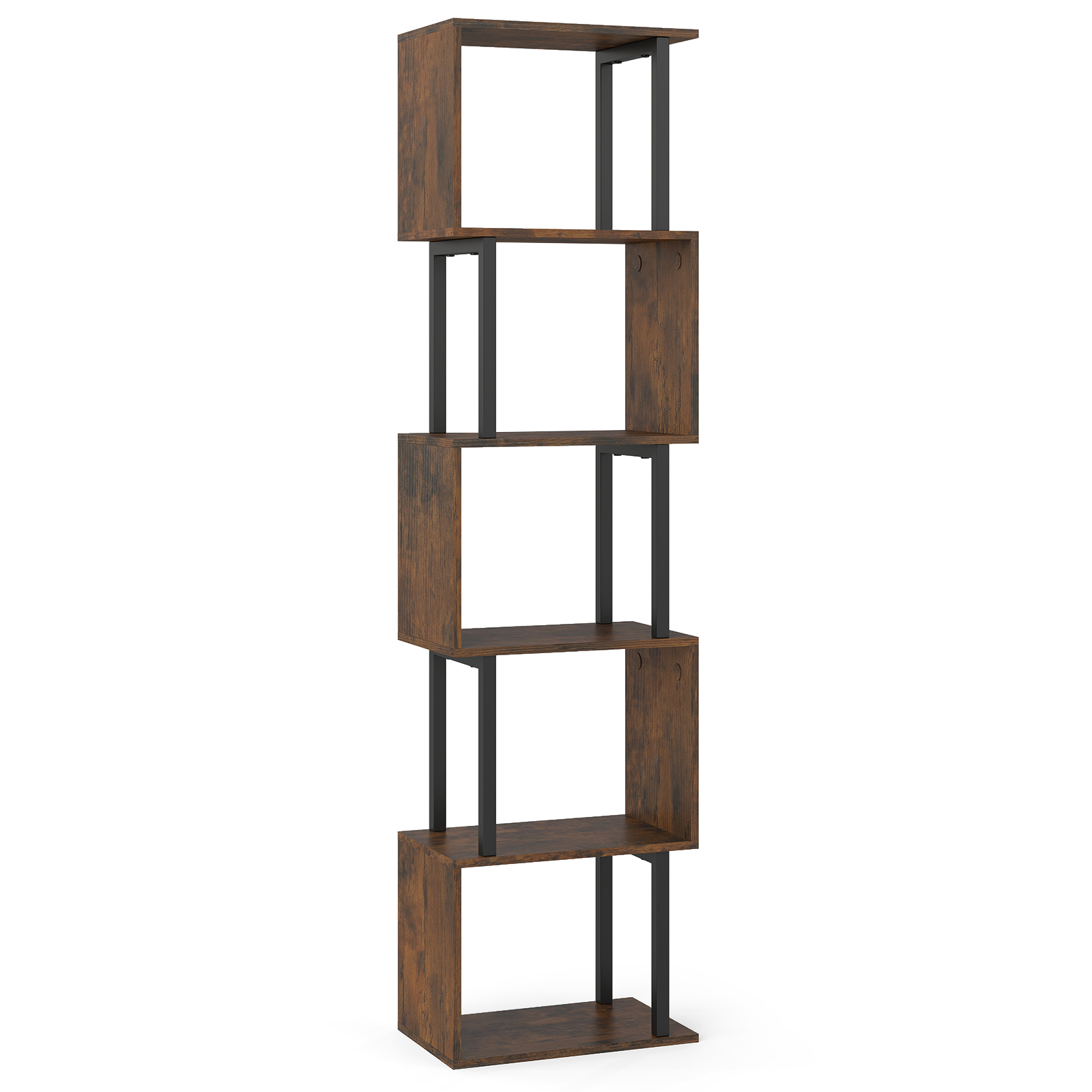 5-astmeline geomeetriline raamaturiiul ümberminekuvastase seadmega, eraldiseisev hoiuriiul, maalähedane pruun