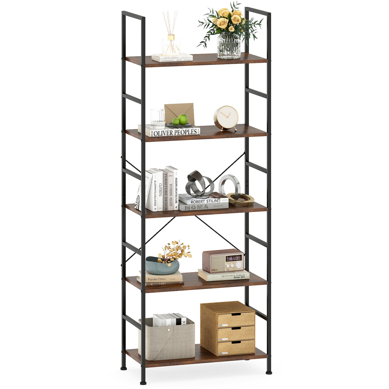 5-astmeline raamaturiiul, 160 cm, eraldiseisev riiul avatud vaheseina ja metallraamiga, maalähedane pruun