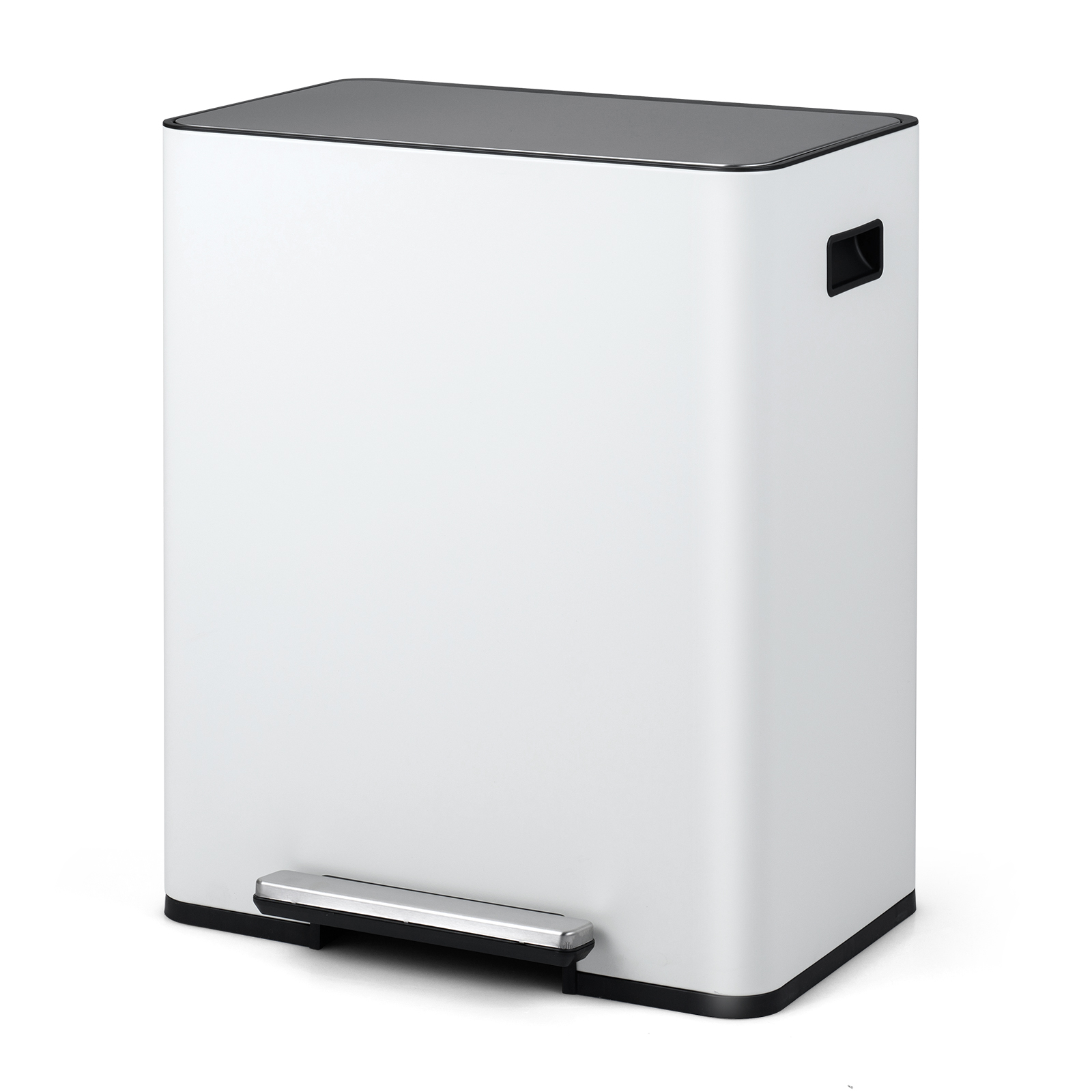 60L roostevabast terasest prügikast pedaali ja pehmelt sulguva kaanega, 2 sektsiooni, prügisorteerimissüsteem, valge