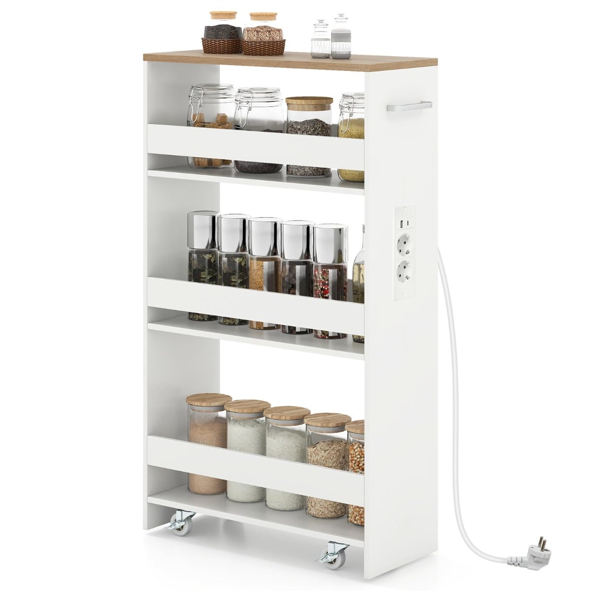 20 cm laiune nišikäru ratastel, 4 riiulit, kitsas köögikäru, serveerimiskäru, valge + naturaalne