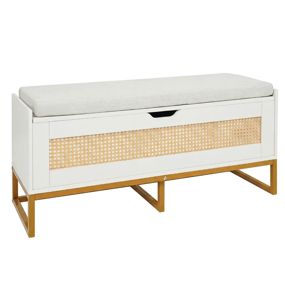 Jalanõudepink polsterdatud istme ja hingedega kaanega, rotangist jalanõudekapp, kandevõime kuni 200 kg, valge