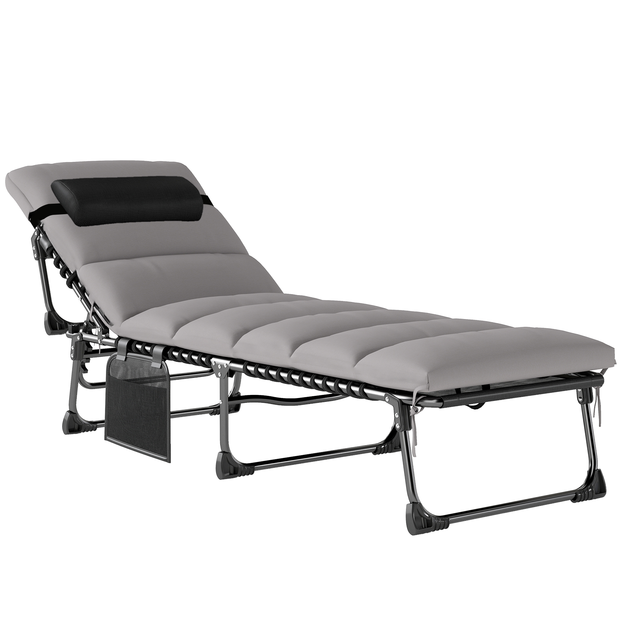 Kokkupandav kaasaskantav päevitus-/aiatool 5-positsioonilise reguleeritava seljatoe, polsterdatud madratsi ja peatoega.