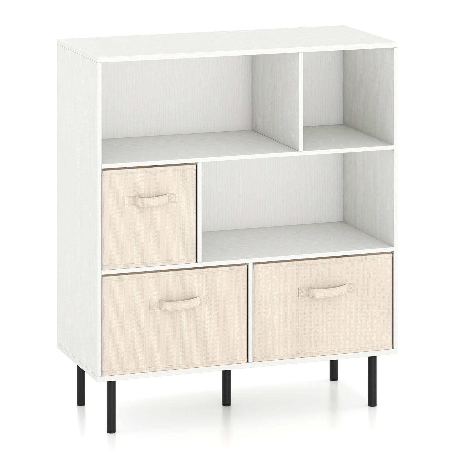 6 kuubikuga raamaturiiul 3 eemaldatava kokkupandava kangast sahtliga, 3-korruseline kummut, valge