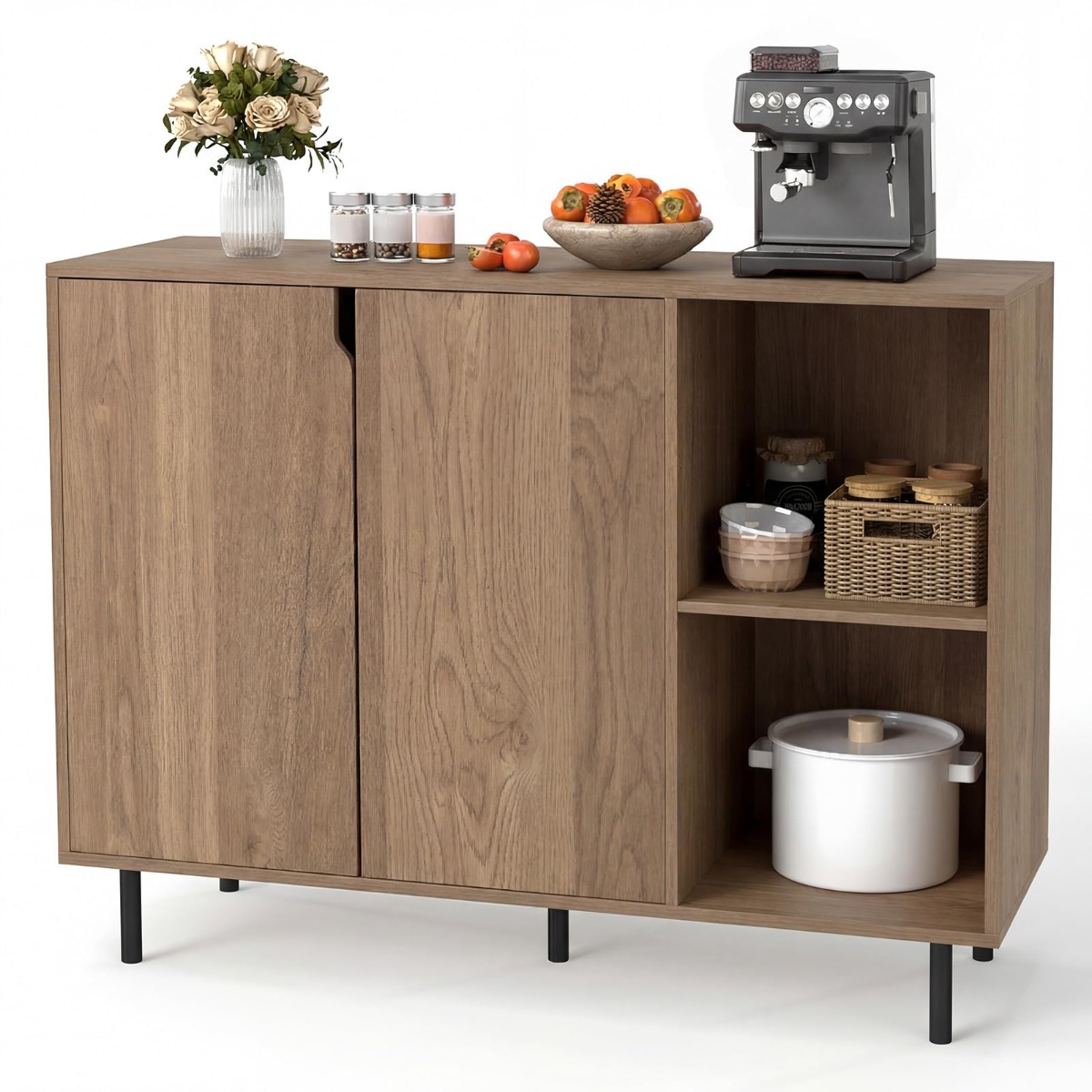 Puidust kummut 4 sektsiooni, 2 ukse ja reguleeritavate riiulitega, buffet-kapp, naturaalne viimistlus