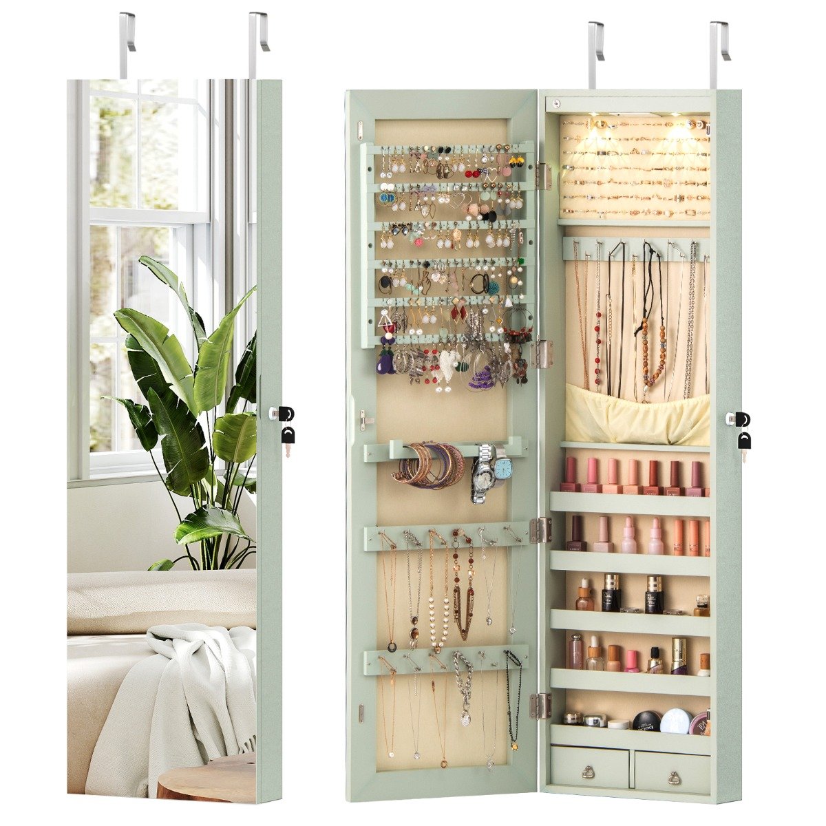 Ehtekapp led-valgustusega ehtehoidik peegliga lukustatav peeglikapp roheline