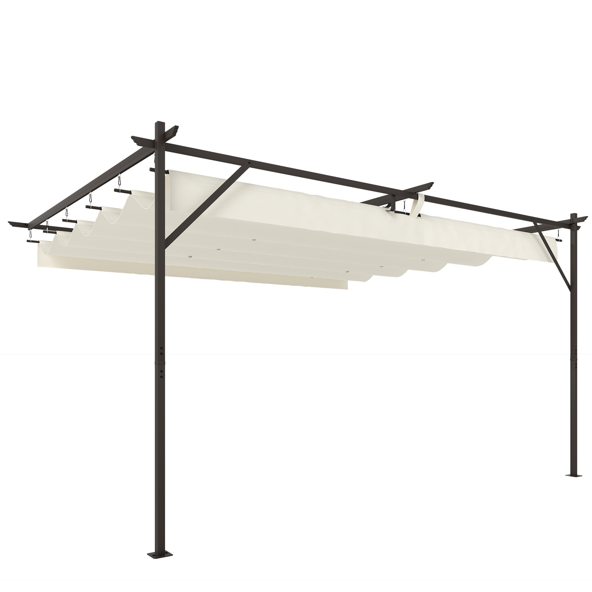 Terrassi pergola u. 4x3m, reguleeritava katusega terrassikatus, seinale kinnitatav, UV 30+, kreemvalge
